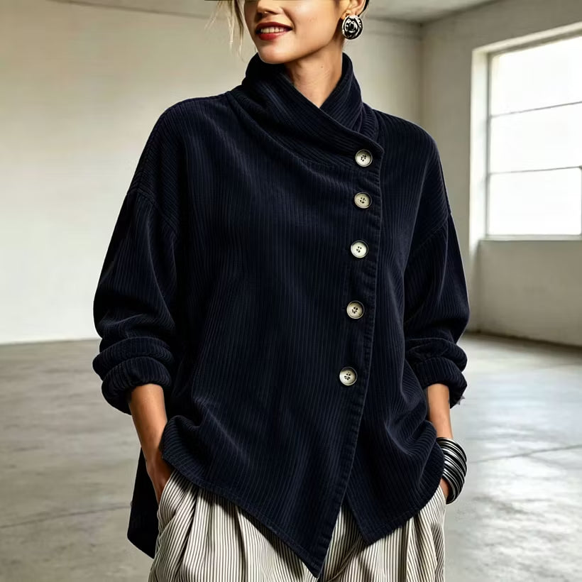 🎀🥼 【Horúca novinka】Elegantná zamatová blúzka s asymetrickým strihom a vysokým golierom