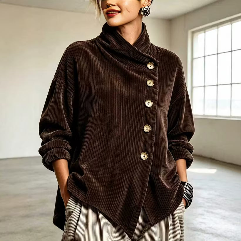 🎀🥼 【Horúca novinka】Elegantná zamatová blúzka s asymetrickým strihom a vysokým golierom