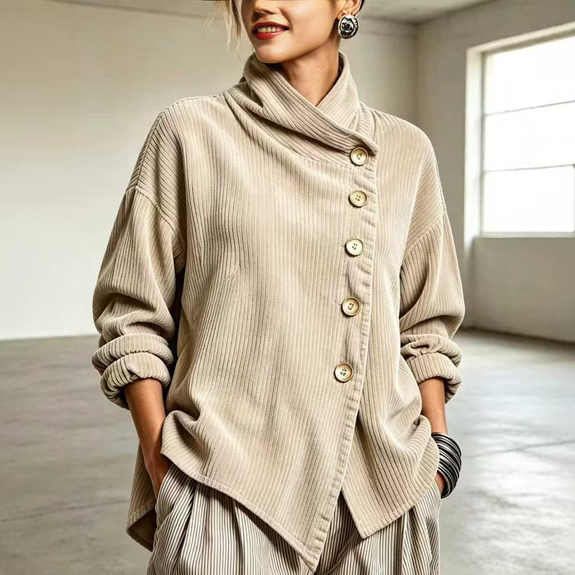 🎀🥼 【Horúca novinka】Elegantná zamatová blúzka s asymetrickým strihom a vysokým golierom